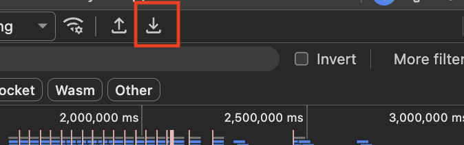 Chrome DevTools Network tab toolbar with the export/download HAR icon highlighted.