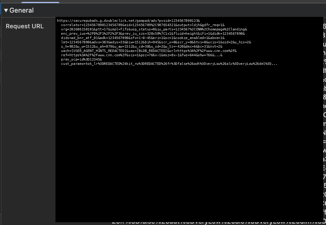 DevTools Headers panel showing the full gampad/ads request URL, with iu_parts, sz, cust_params and other targeting parameters visible.